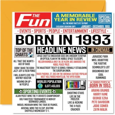 Image of 31st Birthday Cards for Men Women Born In 1993 Newspaper Happy 31 Card Brother Sister Friends Vintage Retro Back 1993, 145mm x Thirty One First Bday Greeting