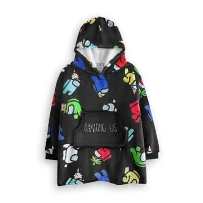 Image of Among Us Boys Wearable Blanket Hoodie Kids Hooded Fleece Pullover in Black with Multi Coloured Crewmates &amp; Imposter Character All Over Print Sherpa Lined Loungewear Mystery Gamer Merchandise Gift