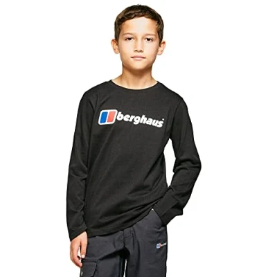 Image of Berghaus Kid&#039;s Unisex Logo T Shirt with Long Sleeves, Boys Shirt, Girls Outdoors, Walking, Trekking and Hiking Clothing, Black, 11 12 Years