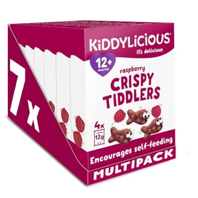 Image of Kiddylicious Raspberry Crispy Tiddlers Delicious Real Fruit Treat for Kids Suitable 12+ Months 7 Packs of 4 (28 Total)
