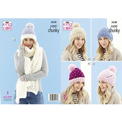 Image of King Cole Ladies Super Chunky Knitting Pattern Womens Hats &amp; Scarf (5530)