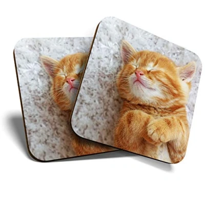 Image of Great Coasters (Set of 2) Square/Glossy Quality Coasters/Tabletop Protection for Any Table Type Cute Ginger Kitten Cat Pet #24497