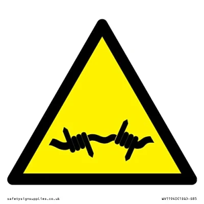 Image of W033 Warning: Barbed wire Sign 85x85mm S85