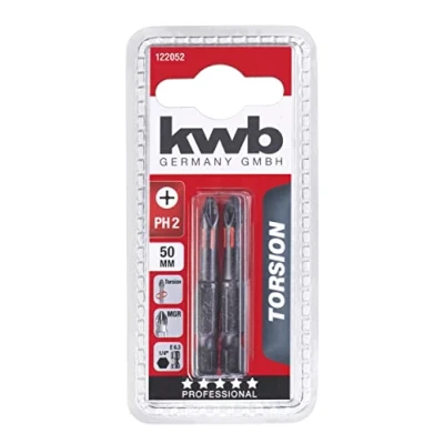Image of kwb 2 x 50mm PH2 Torsion Bits with 1/4 Hex Shank, TQ 60 Steel, Mega Grip Ribs, ISO 1173 Drive C6.3