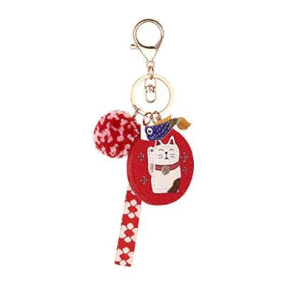 Image of Lucky Cat Ribbon Leather Keychain with Pom Ball Mobile Phone Key Chain Japanese Cute Carp Pendant Backpack Bag Hanging Clasp Car Ring Purse Wallet Ornament Gift