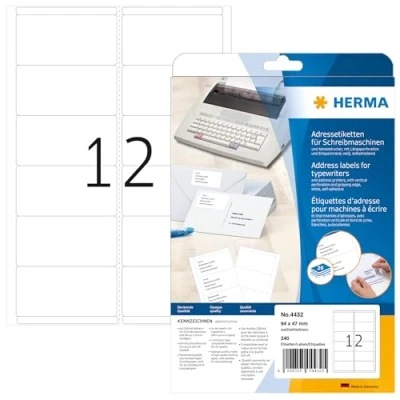 Image of HERMA Self Adhesive Typewriter Address Labels, 12 Labels per A4 Sheet, 20 Sheets, 94 x 47 mm, 240 Blank Mailing Stickers, Sticky for Typewriter, White
