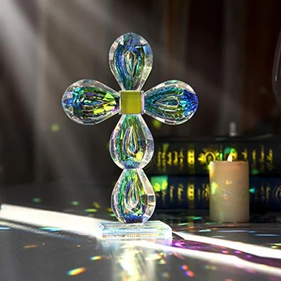 Image of QFkris Crystal Cross Standing Traditional Figurine 8.5 x 5.9 inches Glass Craft (Colorful)