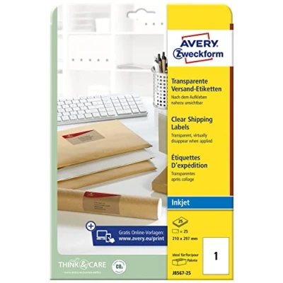Image of Avery Zweckform J8567 25 Shipping Labels 210 x 297 mm Pack of Transparent