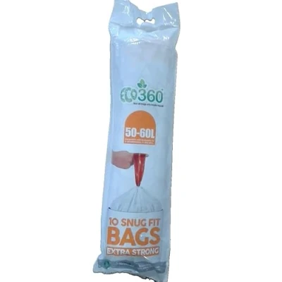 Image of EcoBag 100 Pack White Kitchen Drawstring Bin Liner 50 60L 28 Microns Heavy Duty, Extra Strong, Brabantia Compatible, Eco Friendly, Tear Resistant, Clear Recycling Bags (620 x 810mm)