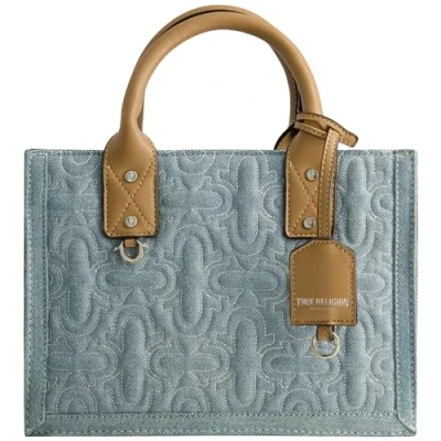 Image of True Religion Women&#039;s Tote Bag, Quilted Horseshoe Denim Travel Shoulder Handbag with Adjustable Crossbody Strap, Light Blue, 10.5 x 4 7.5 inches