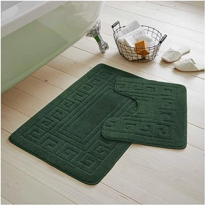 Image of GC GAVENO CAVAILIA Greek Key Pattern Bath Mats 2 Piece Sets Non Slip, Soft Washable Rug Quick Dry Water Absorbent Bathroom Shower Mat &amp; Pedestal Set, Dark Green