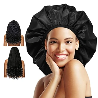 Image of Auban Extra Large Shower Cap, Double Layer Waterproof Reusable, XL Satin Lining Bonnet for Women Thick, Long Hair, Locs, Braids(Black)
