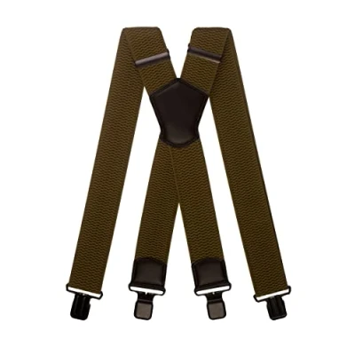 Image of Olata Men&#039;s Multi Purpose Extra Wide X Shape Braces/Suspenders with Leather Shield Centrepiece 5cm. Olive Green (Black Clips)