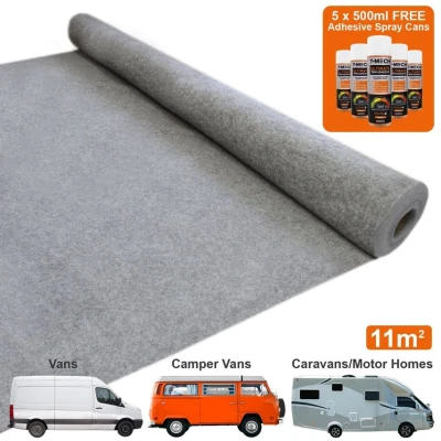 Image of T Mech 11m2 Van Lining Carpet Super Stretch Kit Camper Motor Homes Smoke Grey &amp; 5 Heavy Duty Adhesive Glue Spray Cans