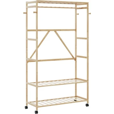 Image of vidaXL Clothes Rack with Shelves and Wheels 110x40x180 cm Bamboo