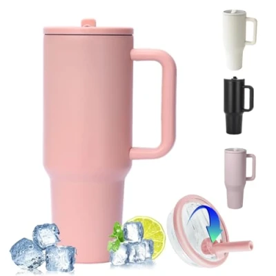 Image of ZHUIYIWIN Tumbler with Handle and Straw, Water Bottle Coffee Cup Travel Mug for Cold or Hot Drinks,Double Wall Stainless Steel Vacuum Insulated Lid (Pink, 30OZ)