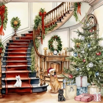 Image of 20 Napkins Christmas Dogs in House as Table Decoration Paper with Motif Also for Decoupage and 33 x cm