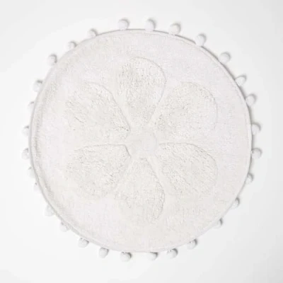 Image of HOMESCAPES Cotton Flower Bath Mat White Super Absorbent Floral Tufted Round Bathmat with Pom Poms, 60 cm