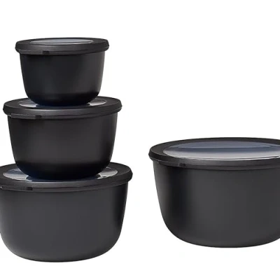 Image of Mepal Multi Bowl Cirqula 4 Piece Set Food Storage Container with Lid Suitable as Airtight Box for Fridge &amp; Freezer, Microwave 500, 1000, 2000, 3000ml Nordic Black