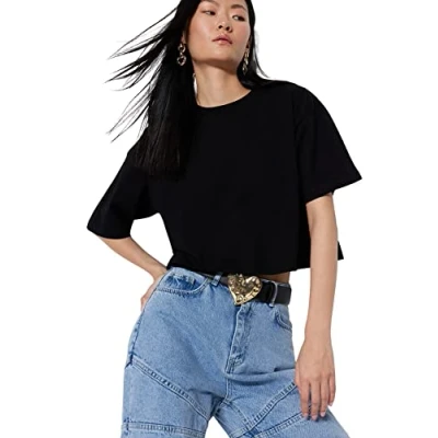 Image of Trendyol FeMan Relaxed fit Basic Crew Neck Knit T Shirt,Black,M