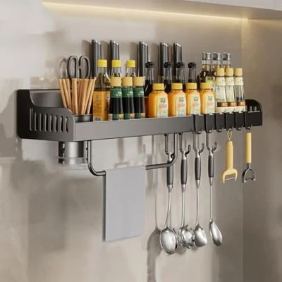 Image of Hovoto Spice Rack Wall Mounted, Kitchen Shelves, Utensil Storage Organizer Shelf, seasoning rack, Hanging Racks With knife slot, 6 hooks, mugs, Towel gray, 50cm
