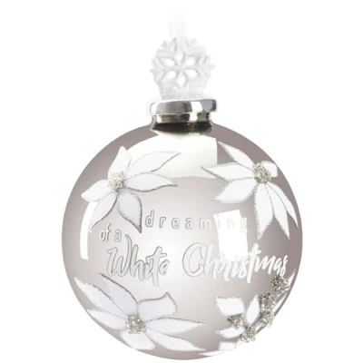 Image of BRUBAKER Premium Christmas Bauble Dreaming of a White 3.9 inches (10 cm) Glass Tree with Porcelain Snowflake Figurine Silver Glitter and Flowers