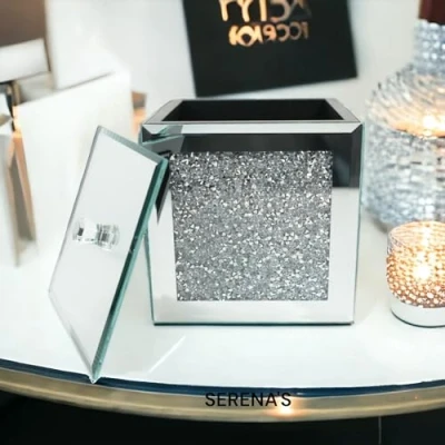 Image of SERENA&#039;S ® Modern Silver Crushed Diamante Jewellery Box Mirrored Glass Square Trinket Organiser Decorative Makeup Storage Gift for Birthday Wedding Crystals