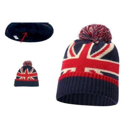 Image of ARG Union Jack Flag Men Women Pompom Bobble Beanie Hat Snowboard Winter Knitted Warm UK GB (Navy + Fur Lining)