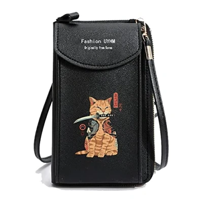 Image of Crossbody Phone Bag for Women, Leather Ladies Cross Body Handbags Mobile Pouch with Long Strap Zips Card Slots, Small Cellphone Shoulder Bags Coin Purse Wallet Gifts (Cat Sword)