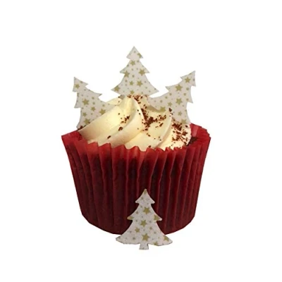 Image of 50 Precut Edible Wafer Paper Mini Gold Star Patterned Christmas Tree Cake Toppers Perfect for Cupcakes or Table Decorations