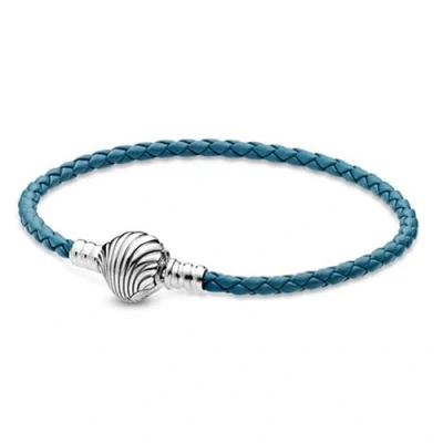 Image of Pandora Sterling silver turquoise braided leather bracelet and shell clasp, 19cm