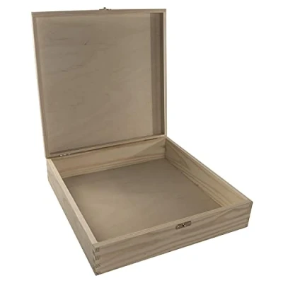 Image of Large Square Shallow Wooden Box 32 x 8 cm Lid &amp; Clasp Keepsake Gift Storage Case Unpainted Decorative Pine