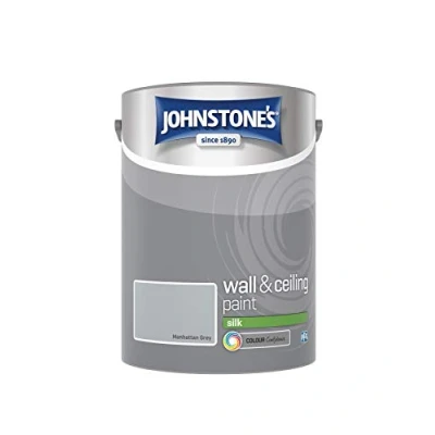 Image of Johnstone&#039;s Wall &amp; Ceiling Paint Manhattan Grey Silk Finish Emulsion Fantastic Coverage Easy to Apply Dry in 1 2 Hours 12m2 per Litre 5L