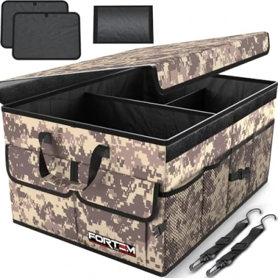 Image of FORTEM Car Boot Organiser, Storage Accessories, Collapsible Multi Compartment Tidy, Non Slip Bottom, Adjustable Securing Straps (Desert, Large)