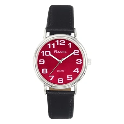 Image of Ravel Unisex Easy Read Watch with Big Numbers Analogue Quartz R0105.51.1A Black/Silver Tone/Sunray Maroon Dial