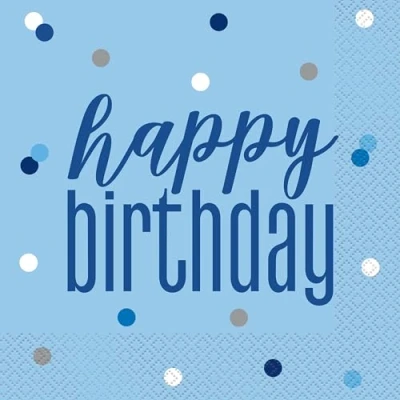 Image of Dazzling Glitz Blue &amp; Silver Happy Birthday Luncheon Napkins (16cm) Perfect for Stylish Celebrations 16ct
