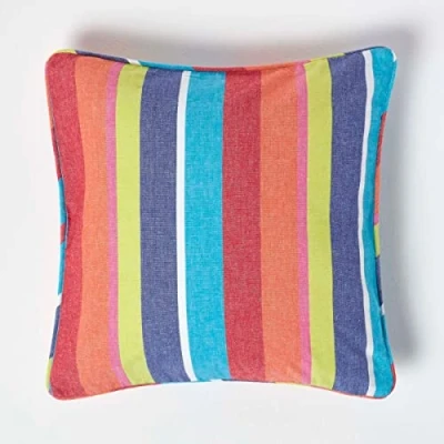Image of HOMESCAPES 100% Cotton Multi Stripes Cushion Cover 45 x cm Square 18 Inches Orange Yellow Blue Sofa Pillow Washable