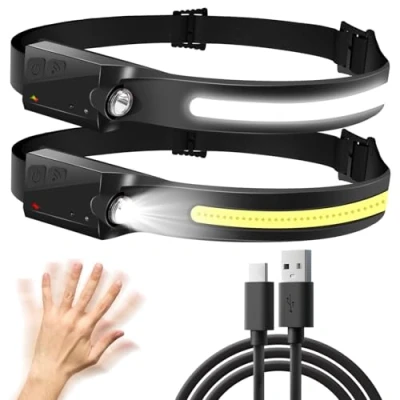 Image of Aigostar Head Torch Rechargeable, 2Pack Super Bright Headtorch with Motion Sensor, 230Wide Angle Headlight, 6 Lighting Modes, Adjustable Headband LED Headlamp Flashlight for Hiking, Running, Camping