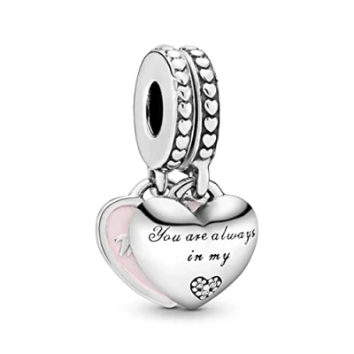 Image of Pandora Moments Women&#039;s Sterling Silver Mother and Daughter Hearts Cubic Zirconia Dangle Charm for Bracelet, No Box