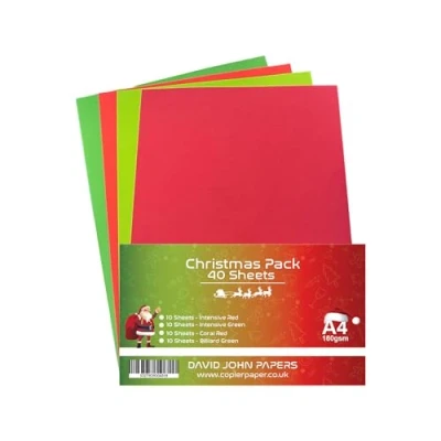 Image of DJP 160 GSM A4 Christmas Festive Card Pack Red/Green Coloured (Pack of 40 Sheets) 10 Sheets Each Colour