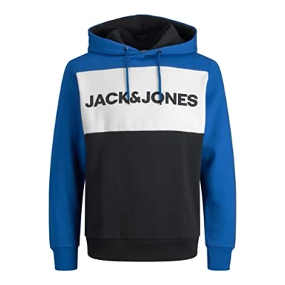 Image of Jack &amp; Jones Men&#039;s Jjelogo Blocking Sweat Hood Sts Hooded Sweatshirt, Classic Blue/Fit: Reg., L