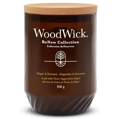 Image of WoodWick Renew Scented Candle with Crackling Wick Ginger and Turmeric Large Plant Based Soy Coconut Wax Blend Made Recycled Materials