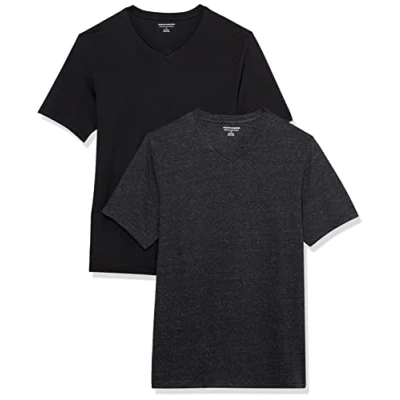 Image of Amazon Essentials Men&#039;s T Shirt Slim Fit Short Sleeved V Neck, Pack of 2, Black/Charcoal Heather, L