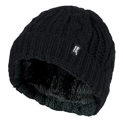 Image of HEAT HOLDERS Ladies Warm Fleece Lined Insulated Turn Over Cuff Cable Knit Thermal Winter Beanie Hat (One Size, Black (TOR))