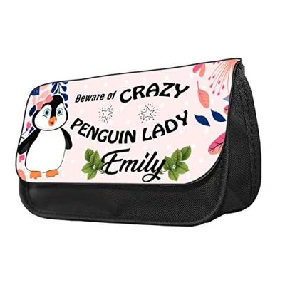 Image of Personalised Beware of Crazy Penguin Lady Themed Funny Pencil Case. Make up case, Back to School Gift.