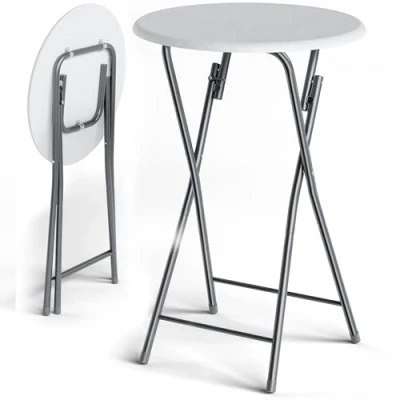 Image of CASARIA® 2x Wood Effect Folding 60cm Bar Tables Height 110cm Foldable Easy Care Side Table Set Cocktail Round Dining High Garden Patio Balcony Terrace White