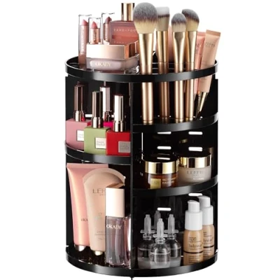 Image of 360 Rotating Makeup Organizer Adjustable Shelf Height and Fully Rotatable. The Perfect Cosmetic for Bedroom Dresser or Vanity Countertop. (Black)