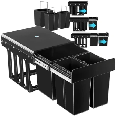 Image of TecTake® Kitchen Bin with 3 Compartments for Easy Waste Separation, Compact &amp; Robust Bins Carrying Handles Telescopic Rails full Extension, 31L Capacity, Setup 2 x 8L + 15L
