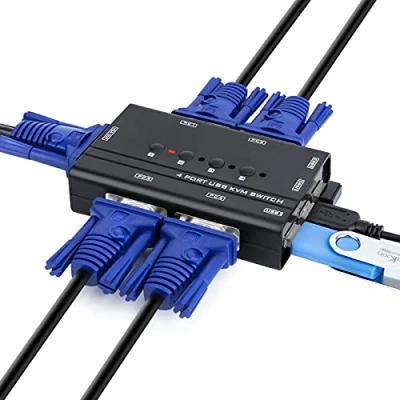 Image of TCNEWCL USB VGA KVM Switch with 4 Cables, Port Selector Switcher for 4PC Sharing One Video Monitor and 3 Devices, Keyboard, Mouse, Scanner, Printer