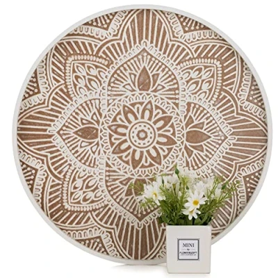 Image of Large Round Wood Decorative Tray: Hanobe Rustic Coffee Table Tray Farmhouse Decor White Washed Centerpiece Wooden Serving Trays Rounded for Kitchen Counter Boho Ottoman Home
